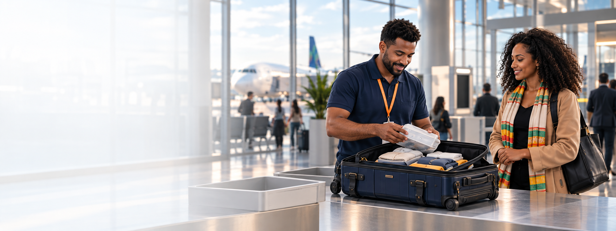 Trained Sky staff physically inspecting approved luggage with a traveler